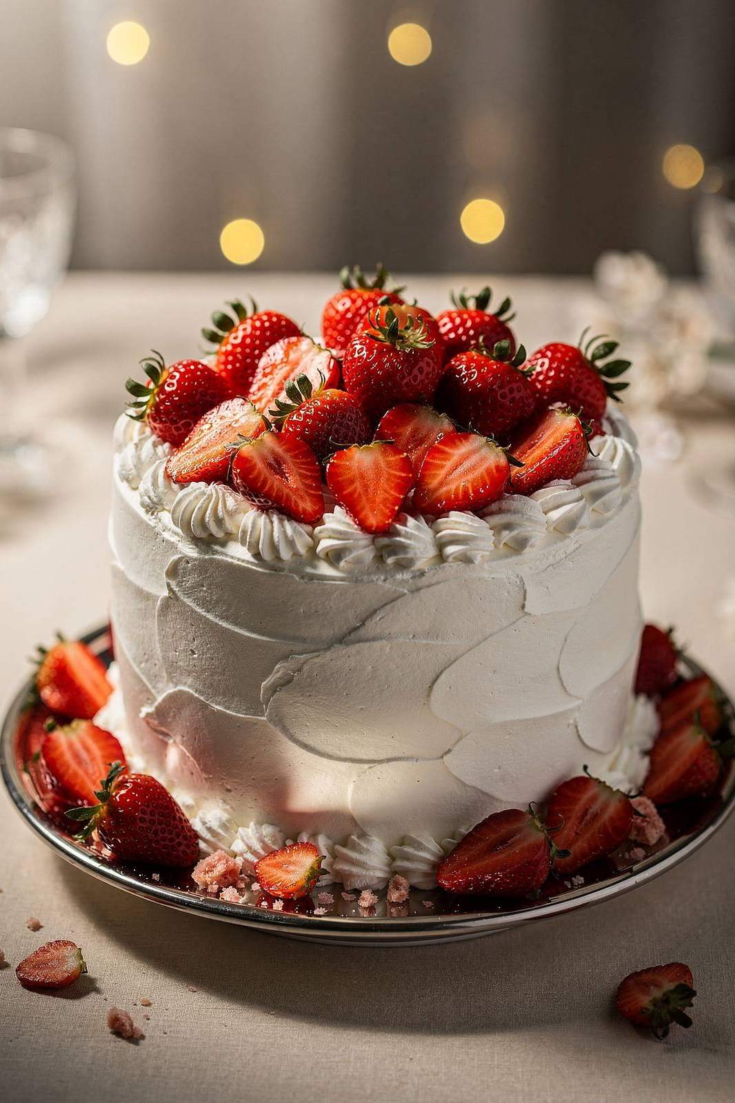Bolo de festa decorado com morangos e chantilly